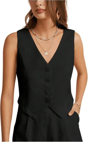 SOLY HUX Women's Vest V Neck Tank Tops Sleeveless Button Casual Blazer Waistcoats