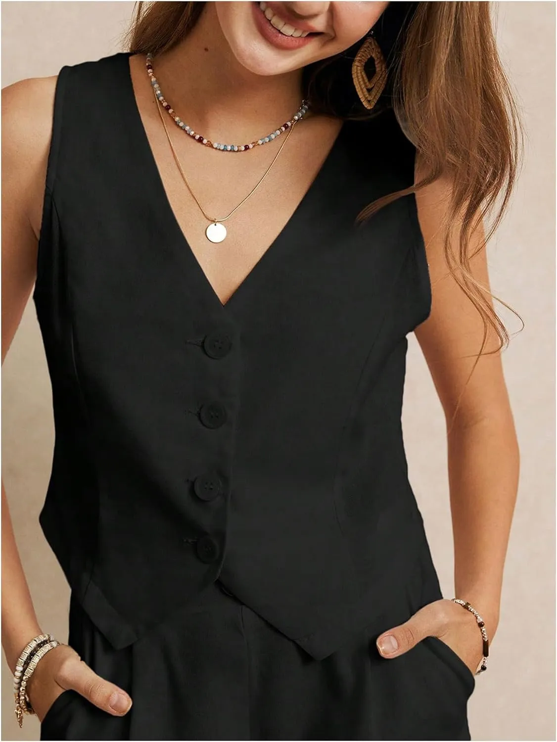 SOLY HUX Women's Vest V Neck Tank Tops Sleeveless Button Casual Blazer Waistcoats