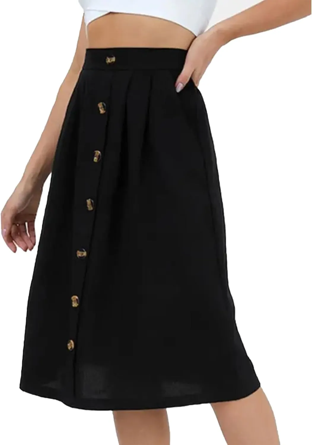SOMTHRON Women's A Line Midi Skirt Casual High Elastic Waist Front Button Flared Solid Color Pleated Skirt with Pockets