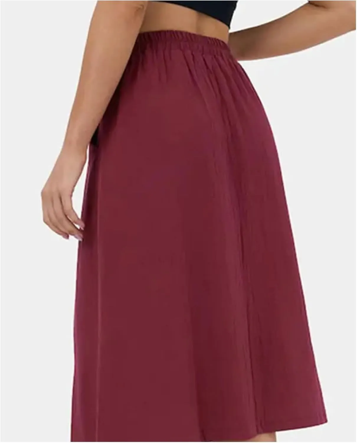 SOMTHRON Women's A Line Midi Skirt Casual High Elastic Waist Front Button Flared Solid Color Pleated Skirt with Pockets