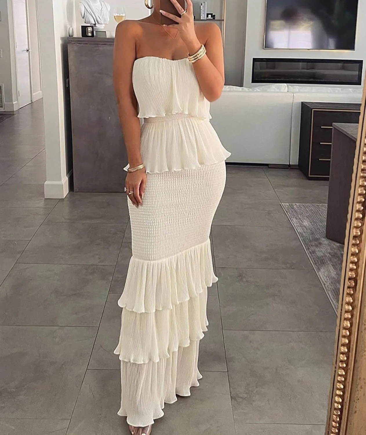 SOMTHRON Women's Smocked Bodycon Maxi Dress Strapless Shirred Ruffle Hem Layered Bandeau Tube Party Dress
