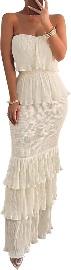 SOMTHRON Women's Smocked Bodycon Maxi Dress Strapless Shirred Ruffle Hem Layered Bandeau Tube Party Dress