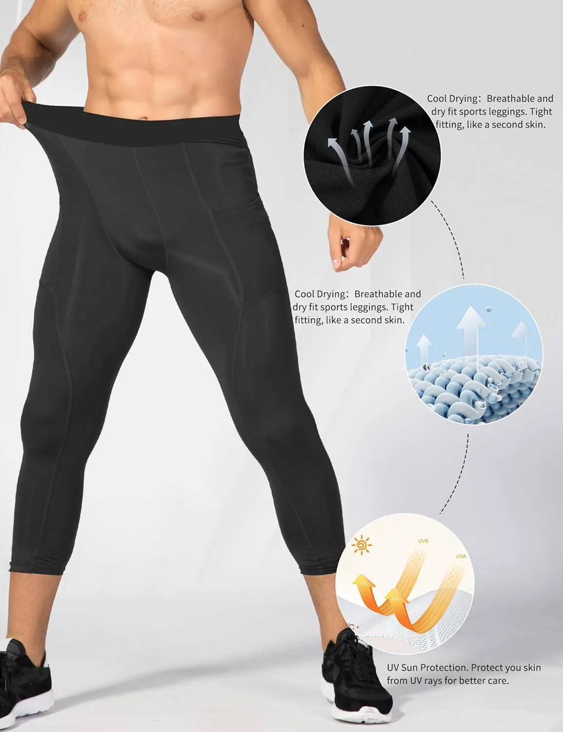 SPVISE Men's 3/4 Compression Pants Athletic Capri Leggings Dry Fit Running Tights with Pocket Basketball Sports Gym Baselayer