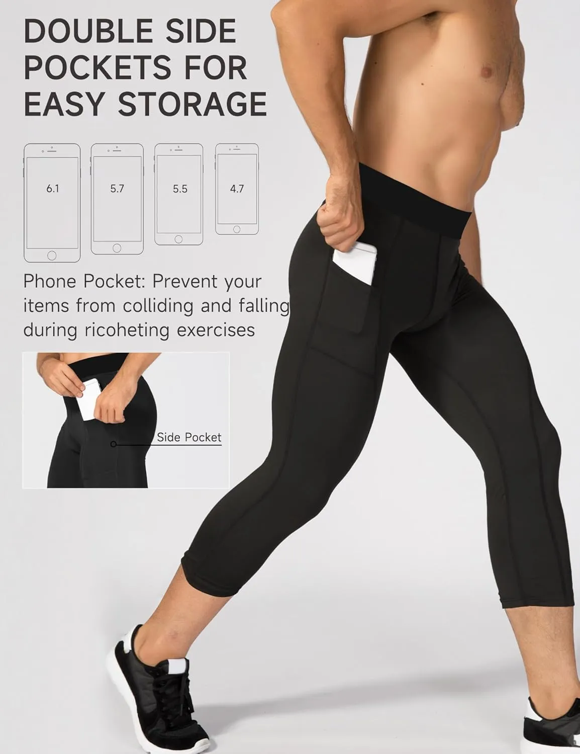 SPVISE Men's 3/4 Compression Pants Athletic Capri Leggings Dry Fit Running Tights with Pocket Basketball Sports Gym Baselayer