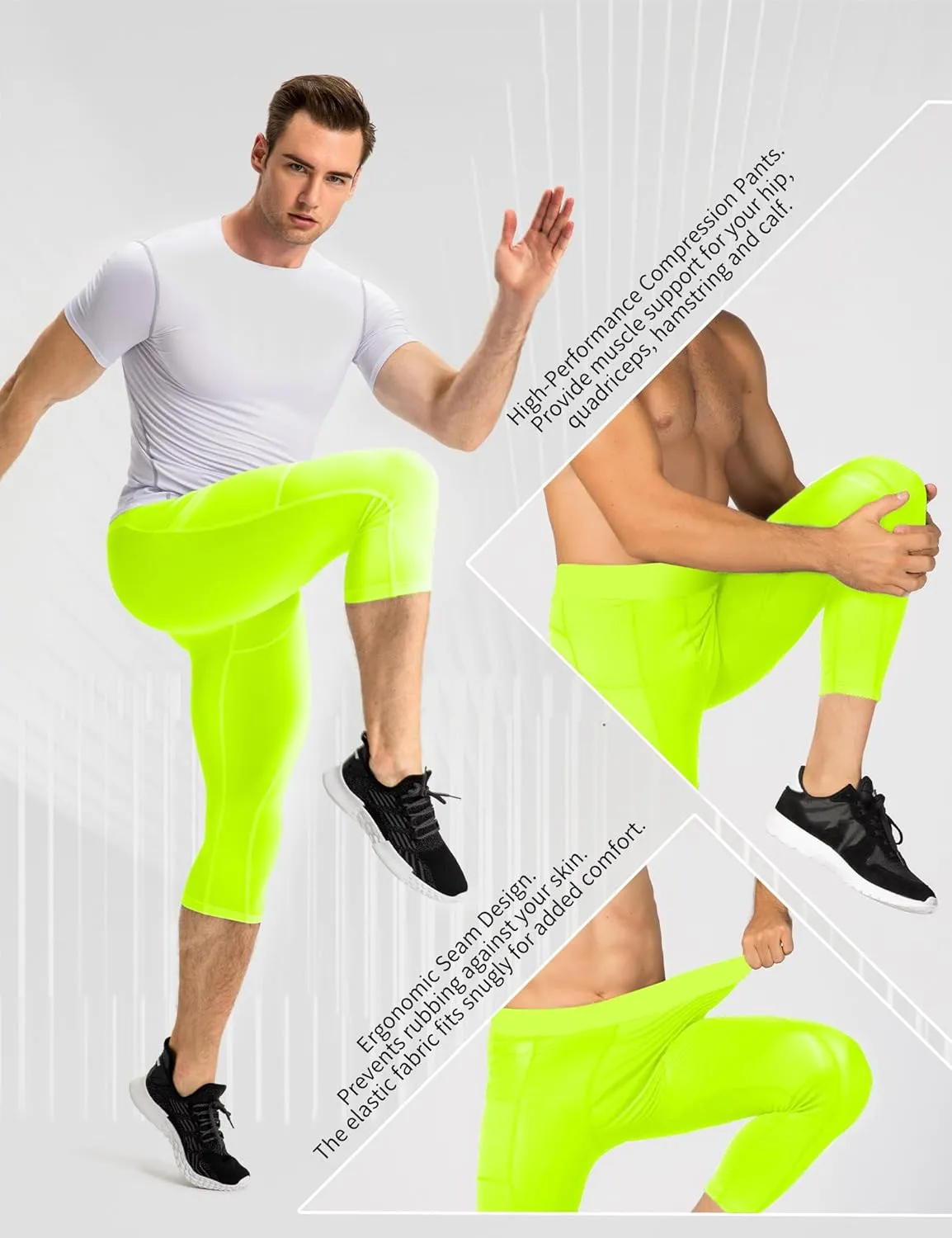 SPVISE Men's 3/4 Compression Pants Athletic Capri Leggings Dry Fit Running Tights with Pocket Basketball Sports Gym Baselayer