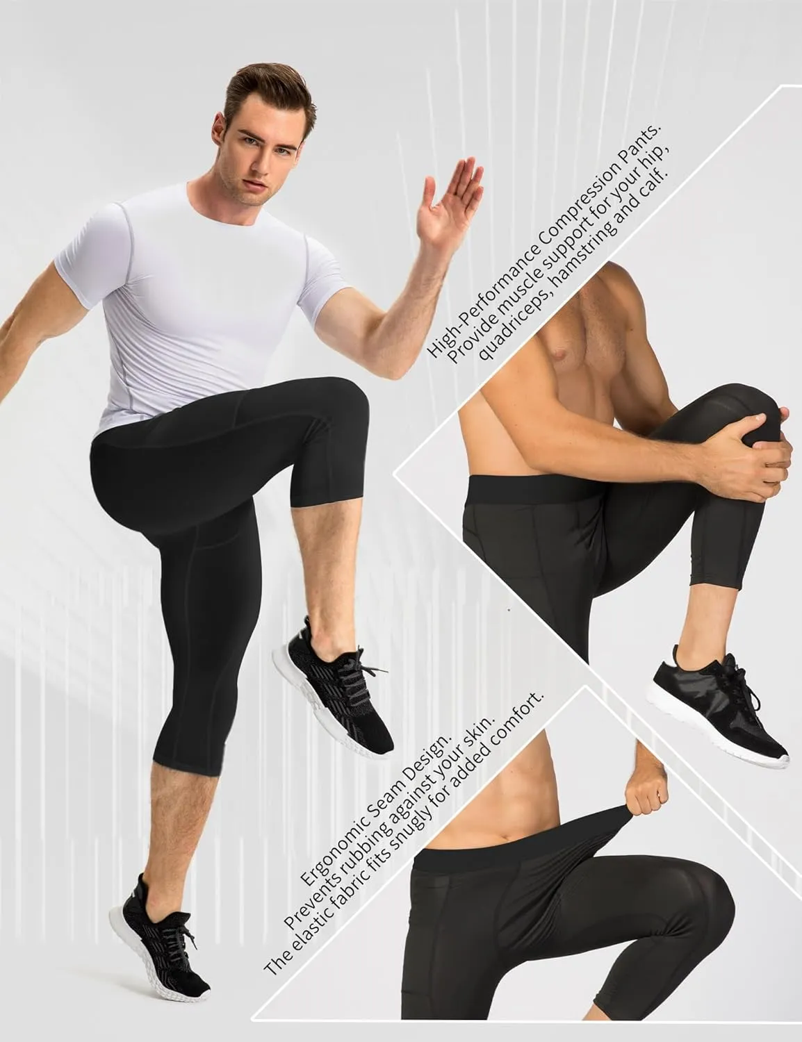SPVISE Men's 3/4 Compression Pants Athletic Capri Leggings Dry Fit Running Tights with Pocket Basketball Sports Gym Baselayer