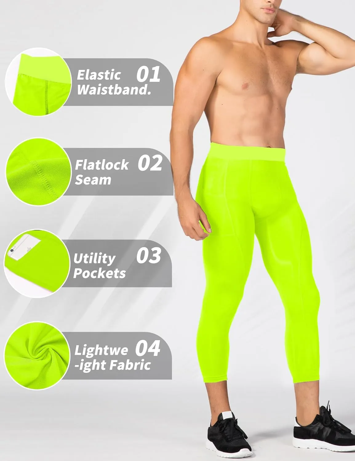 SPVISE Men's 3/4 Compression Pants Athletic Capri Leggings Dry Fit Running Tights with Pocket Basketball Sports Gym Baselayer