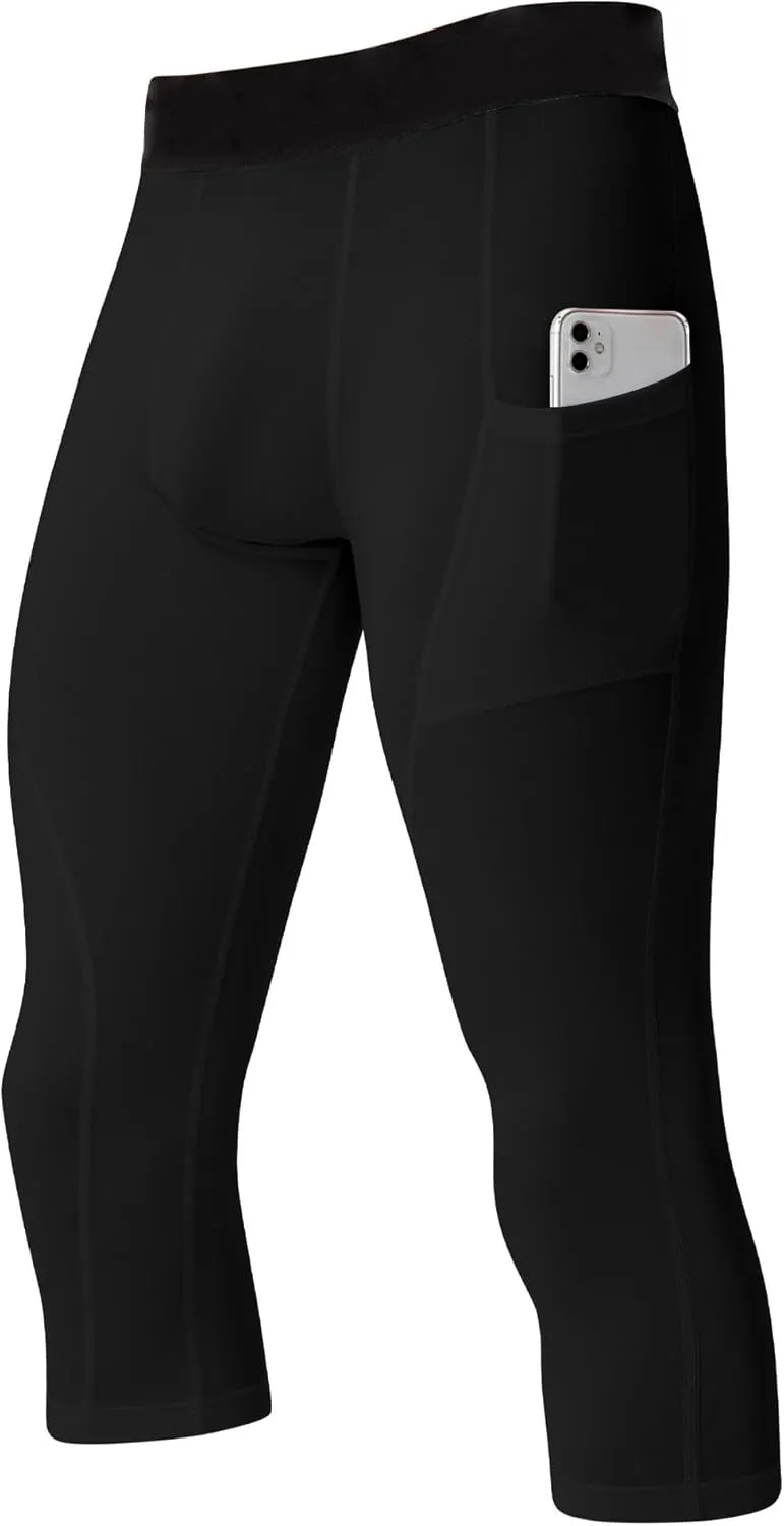 SPVISE Men's 3/4 Compression Pants Athletic Capri Leggings Dry Fit Running Tights with Pocket Basketball Sports Gym Baselayer