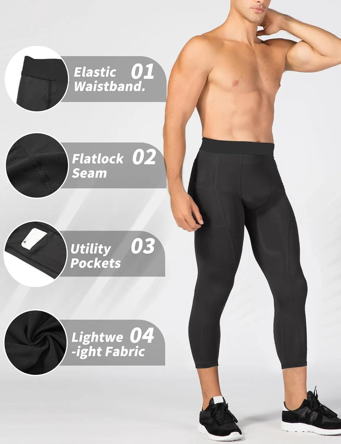SPVISE Men's 3/4 Compression Pants Athletic Capri Leggings Dry Fit Running Tights with Pocket Basketball Sports Gym Baselayer