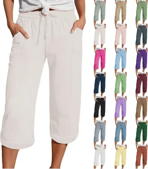 Summer Capris for Women Cotton Linen Pants Casual 2025 Loose Comfy Trendy Elastic Waist Cropped Trouser Beach Clothes
