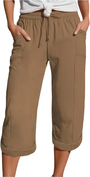 Summer Capris for Women Cotton Linen Pants Casual 2025 Loose Comfy Trendy Elastic Waist Cropped Trouser Beach Clothes