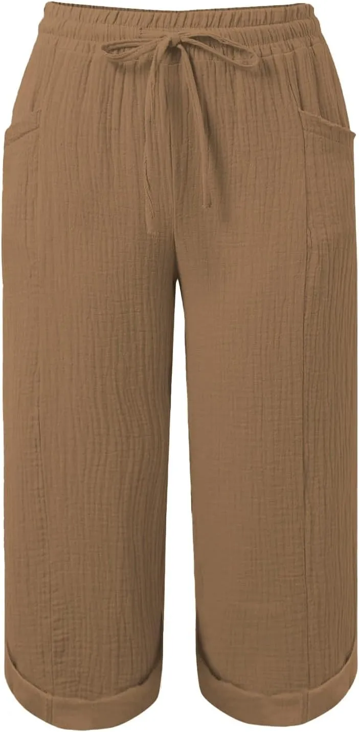 Summer Capris for Women Cotton Linen Pants Casual 2025 Loose Comfy Trendy Elastic Waist Cropped Trouser Beach Clothes
