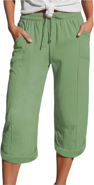 Summer Capris for Women Cotton Linen Pants Casual 2025 Loose Comfy Trendy Elastic Waist Cropped Trouser Beach Clothes
