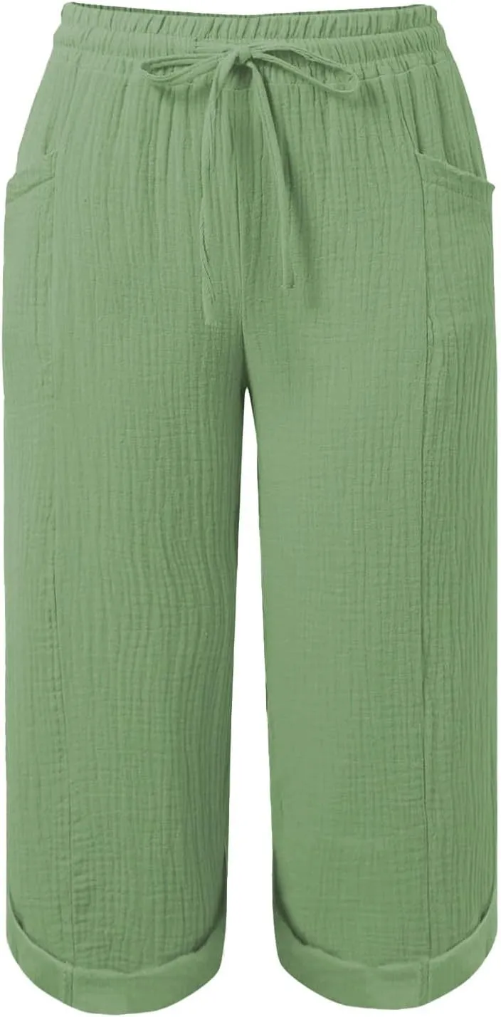 Summer Capris for Women Cotton Linen Pants Casual 2025 Loose Comfy Trendy Elastic Waist Cropped Trouser Beach Clothes