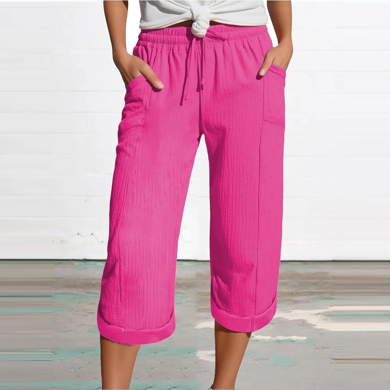 Summer Capris for Women Cotton Linen Pants Casual 2025 Loose Comfy Trendy Elastic Waist Cropped Trouser Beach Clothes