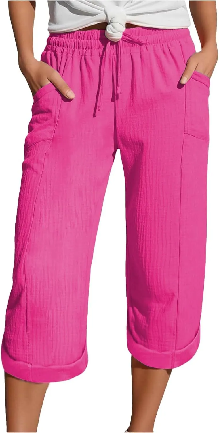 Summer Capris for Women Cotton Linen Pants Casual 2025 Loose Comfy Trendy Elastic Waist Cropped Trouser Beach Clothes