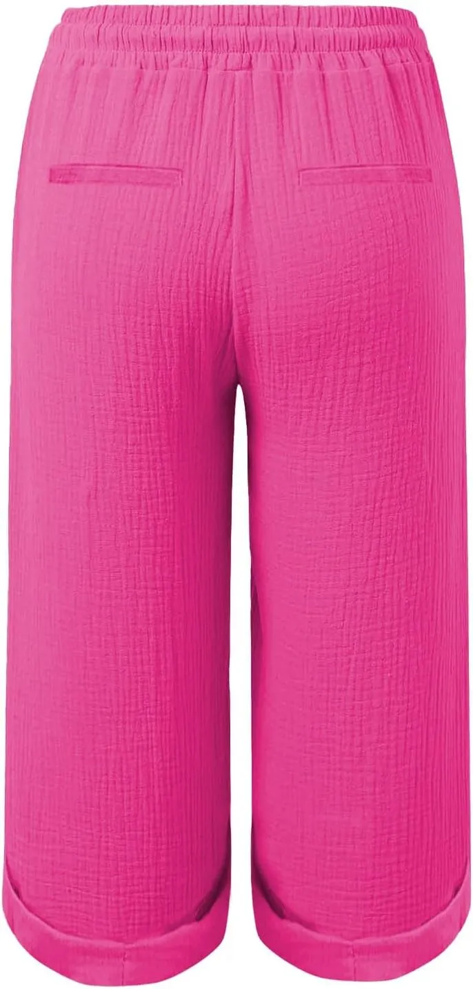 Summer Capris for Women Cotton Linen Pants Casual 2025 Loose Comfy Trendy Elastic Waist Cropped Trouser Beach Clothes