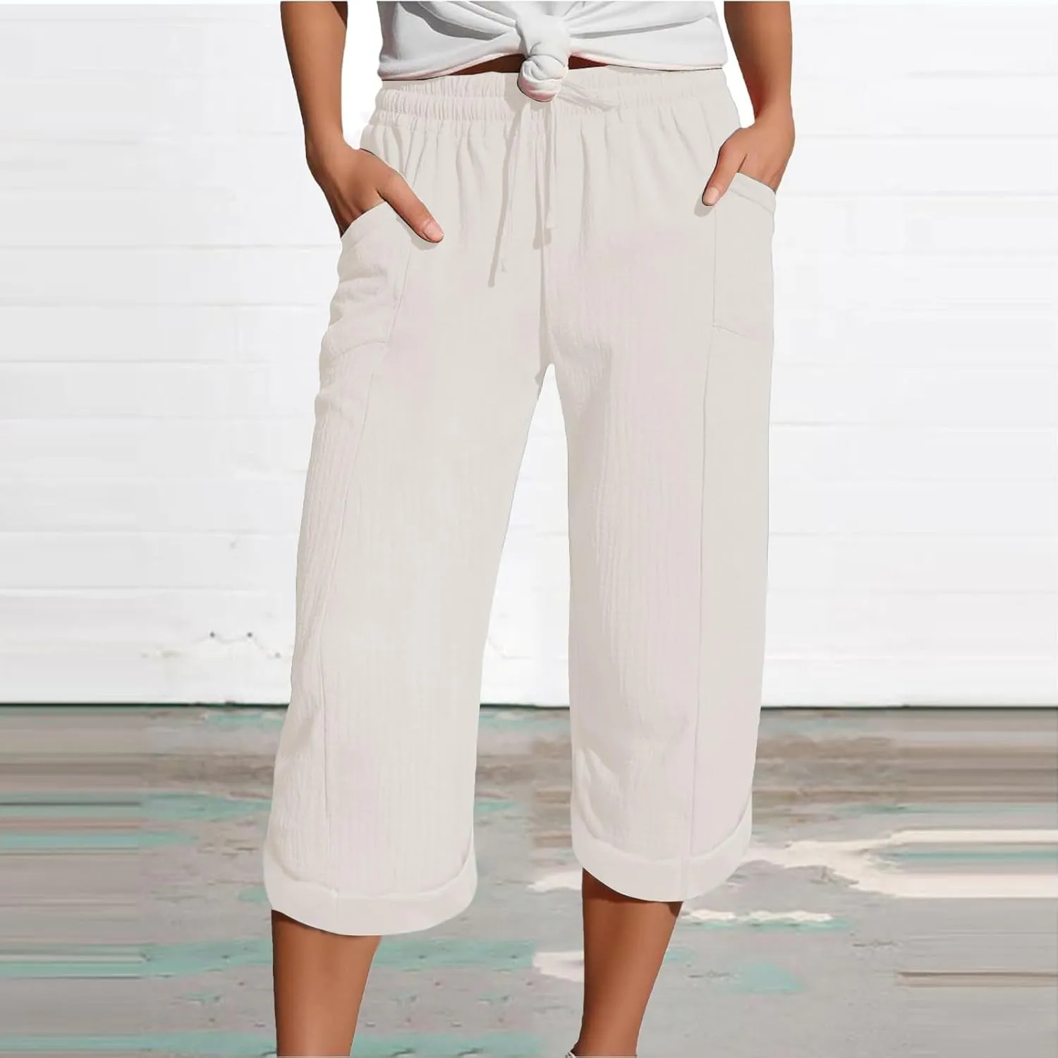 Summer Capris for Women Cotton Linen Pants Casual 2025 Loose Comfy Trendy Elastic Waist Cropped Trouser Beach Clothes