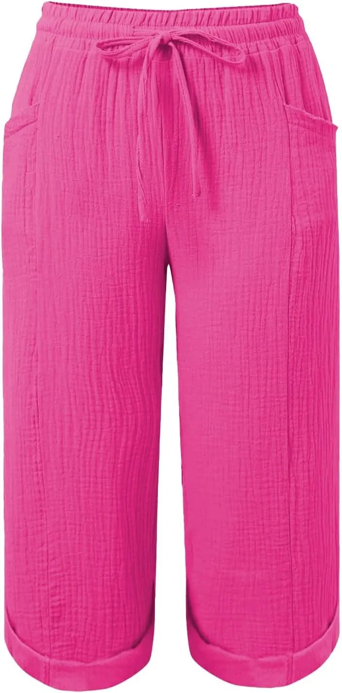 Summer Capris for Women Cotton Linen Pants Casual 2025 Loose Comfy Trendy Elastic Waist Cropped Trouser Beach Clothes