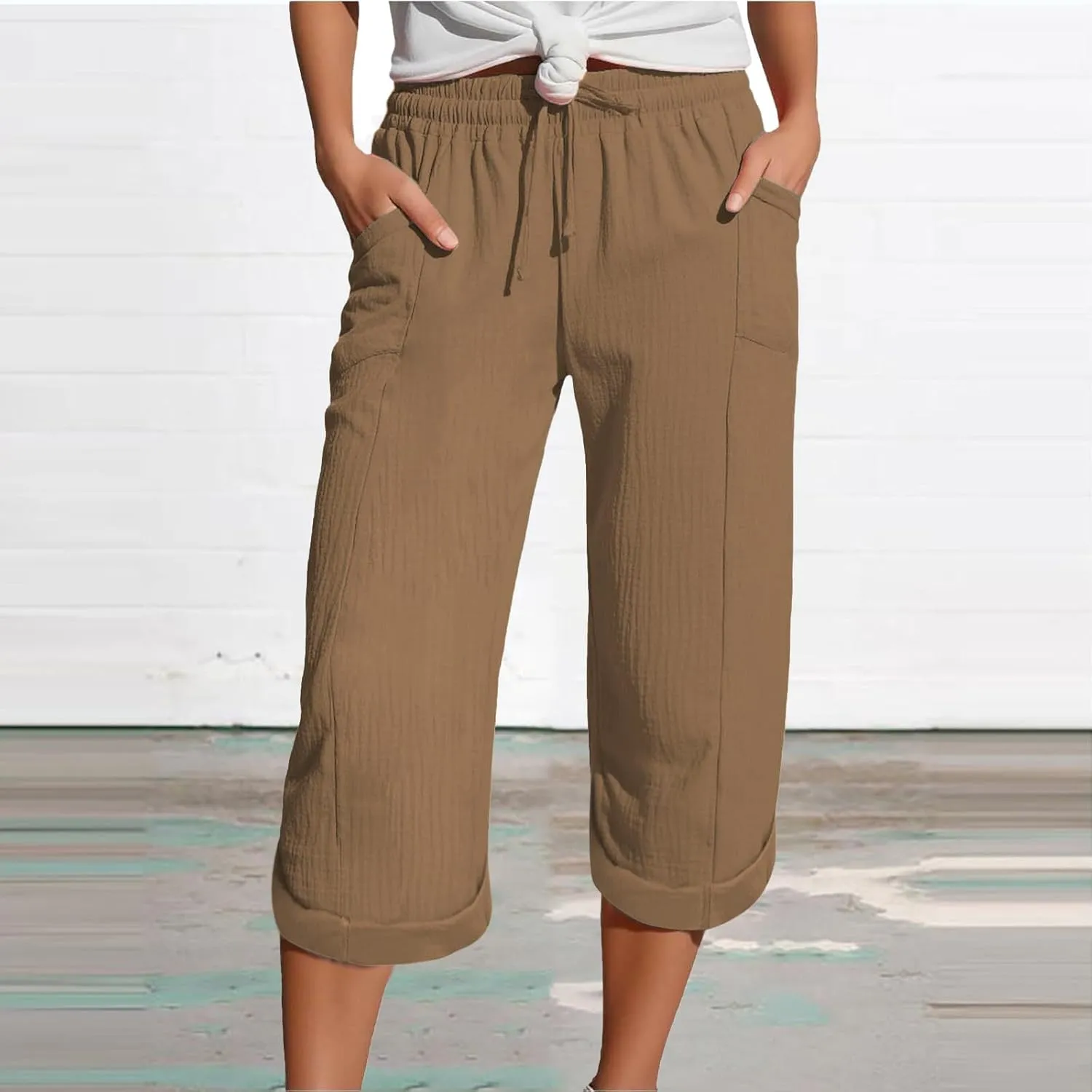 Summer Capris for Women Cotton Linen Pants Casual 2025 Loose Comfy Trendy Elastic Waist Cropped Trouser Beach Clothes
