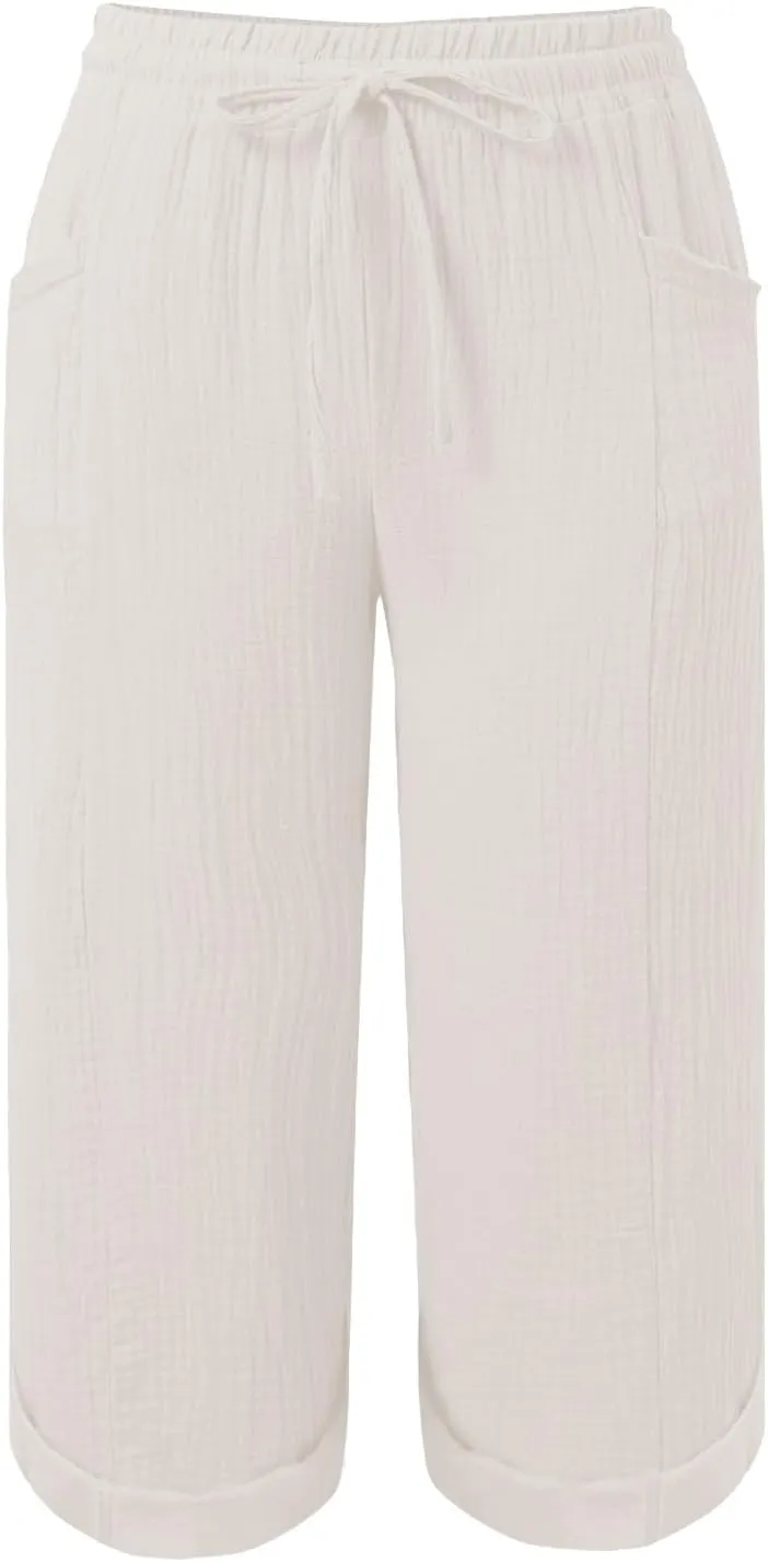 Summer Capris for Women Cotton Linen Pants Casual 2025 Loose Comfy Trendy Elastic Waist Cropped Trouser Beach Clothes