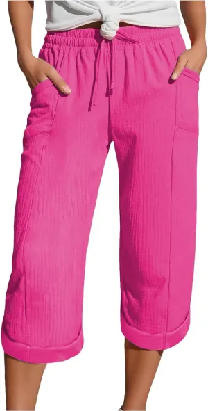 Summer Capris for Women Cotton Linen Pants Casual 2025 Loose Comfy Trendy Elastic Waist Cropped Trouser Beach Clothes