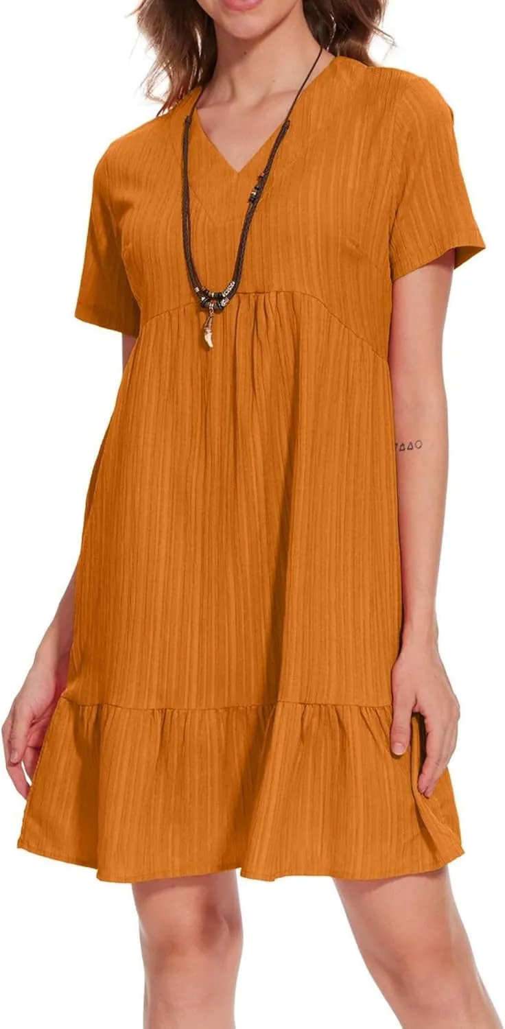 Summer V Neck Dress for Women 2024 Casual Short Sleeve Swing Midi Sundress Tiered A-Line Flowy Tunic Beach Dresses