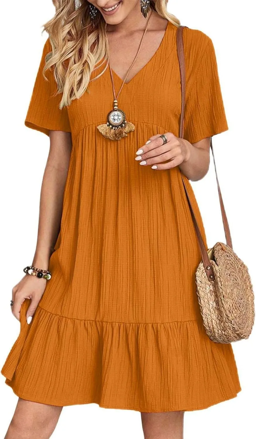 Summer V Neck Dress for Women 2024 Casual Short Sleeve Swing Midi Sundress Tiered A-Line Flowy Tunic Beach Dresses