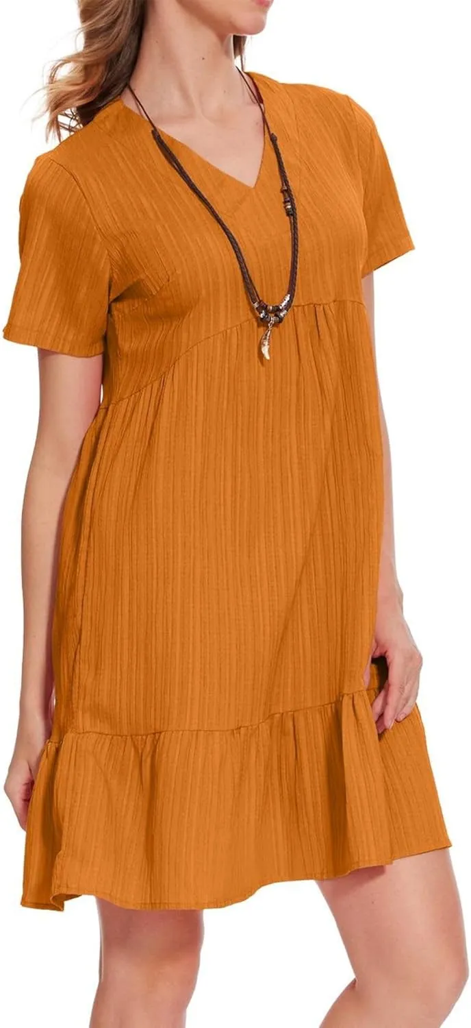 Summer V Neck Dress for Women 2024 Casual Short Sleeve Swing Midi Sundress Tiered A-Line Flowy Tunic Beach Dresses