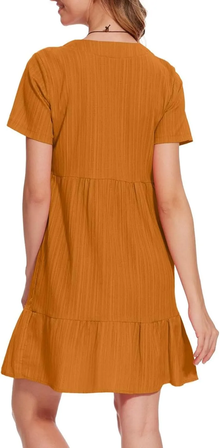 Summer V Neck Dress for Women 2024 Casual Short Sleeve Swing Midi Sundress Tiered A-Line Flowy Tunic Beach Dresses