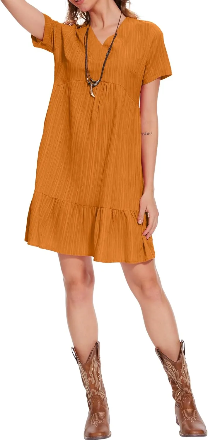 Summer V Neck Dress for Women 2024 Casual Short Sleeve Swing Midi Sundress Tiered A-Line Flowy Tunic Beach Dresses