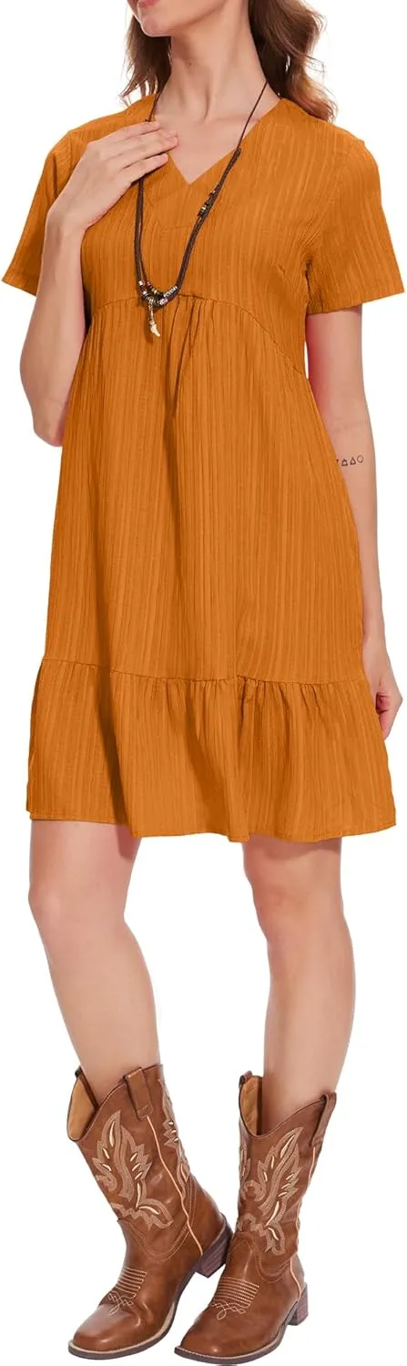 Summer V Neck Dress for Women 2024 Casual Short Sleeve Swing Midi Sundress Tiered A-Line Flowy Tunic Beach Dresses