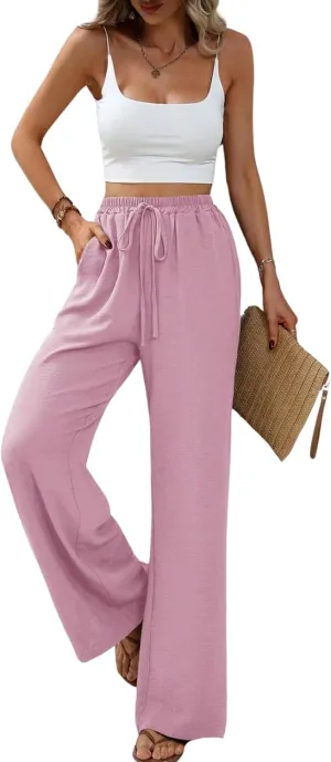 Summer Women's Casual Palazzo Pants Elastic High Waisted Trendy Flowy Wide Leg Beach Trousers with Pockets