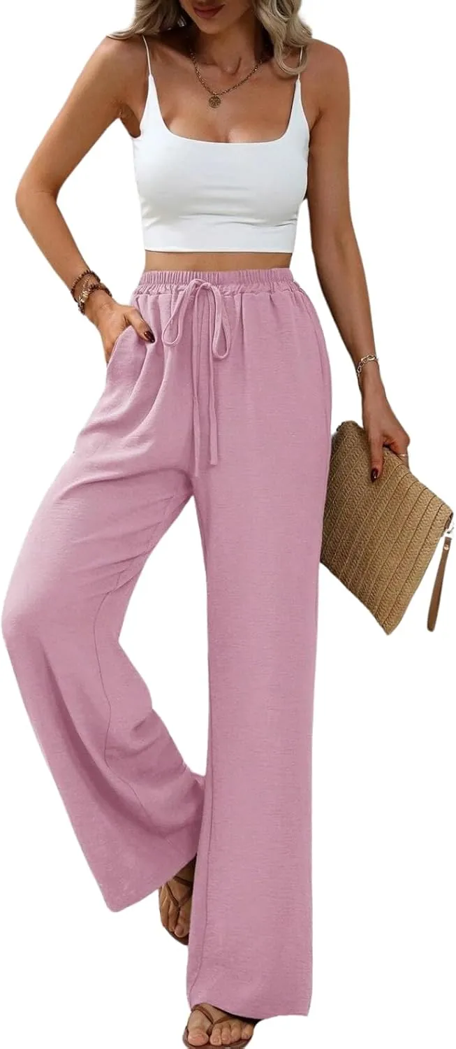 Summer Women's Casual Palazzo Pants Elastic High Waisted Trendy Flowy Wide Leg Beach Trousers with Pockets