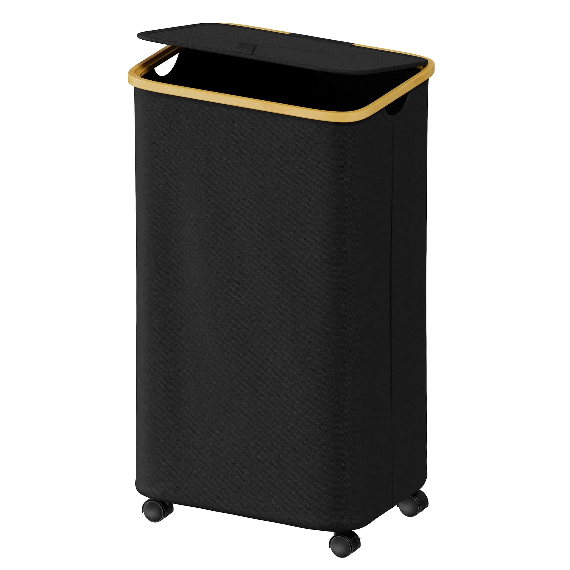 SUOCO Laundry Hamper with Wheels and Lid, 29 Gal (110L) Clothes Basket with Bamboo Handles, Large Foldable Laundry Hamper for Bedroom, Bathroom, Dorm, Laundry Room - Black