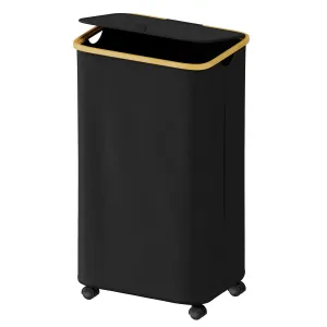SUOCO Laundry Hamper with Wheels and Lid, 29 Gal (110L) Clothes Basket with Bamboo Handles, Large Foldable Laundry Hamper for Bedroom, Bathroom, Dorm, Laundry Room - Black