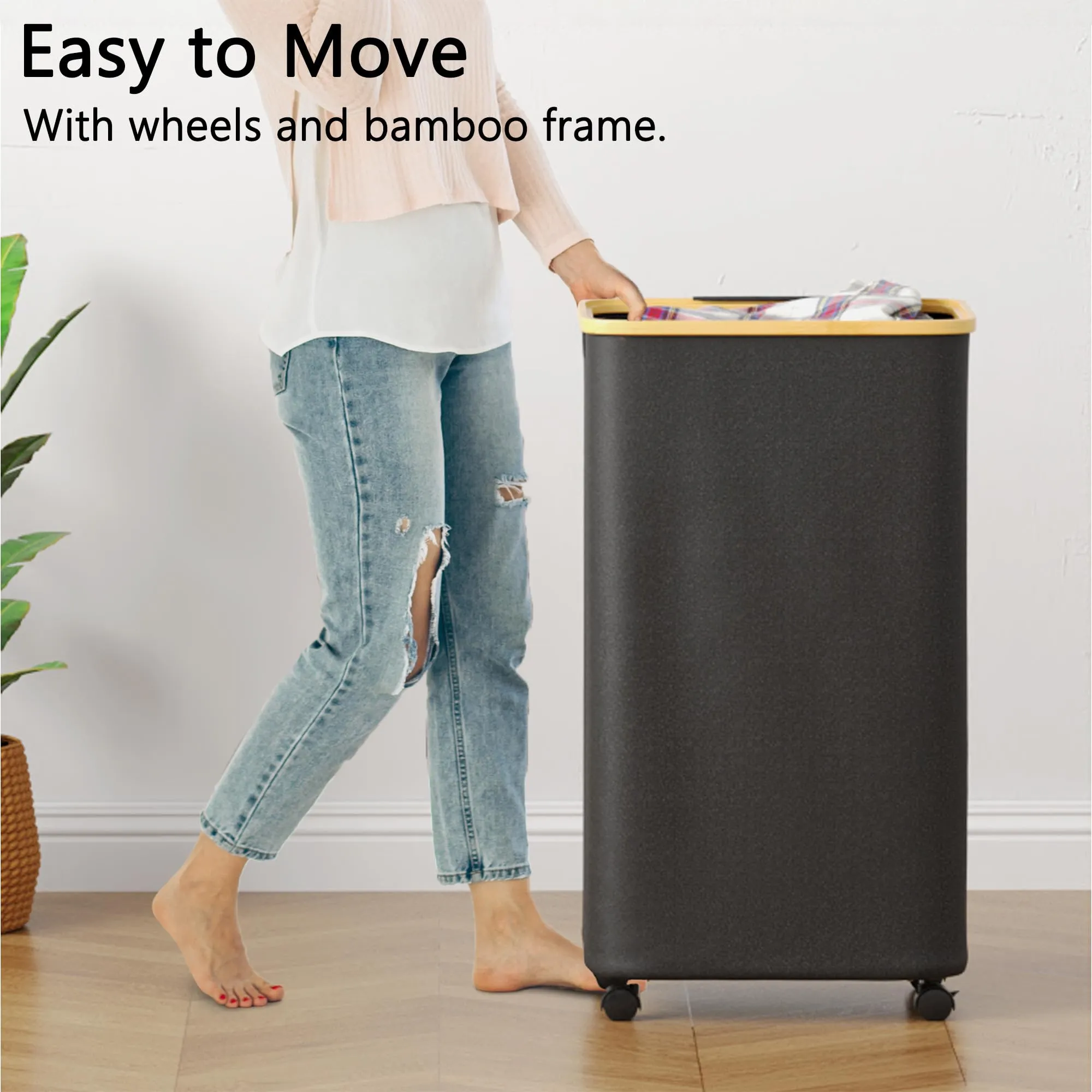 SUOCO Laundry Hamper with Wheels and Lid, 29 Gal (110L) Clothes Basket with Bamboo Handles, Large Foldable Laundry Hamper for Bedroom, Bathroom, Dorm, Laundry Room - Black