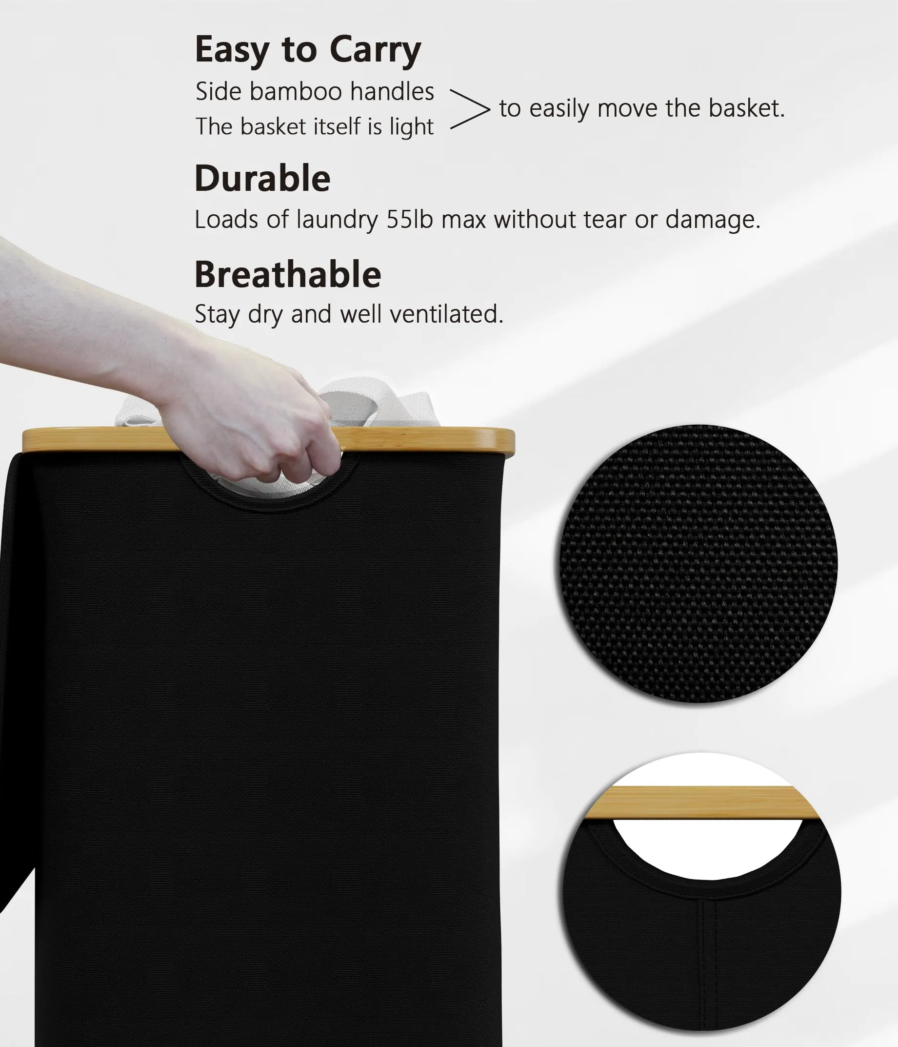 SUOCO Laundry Hamper with Wheels and Lid, 29 Gal (110L) Clothes Basket with Bamboo Handles, Large Foldable Laundry Hamper for Bedroom, Bathroom, Dorm, Laundry Room - Black