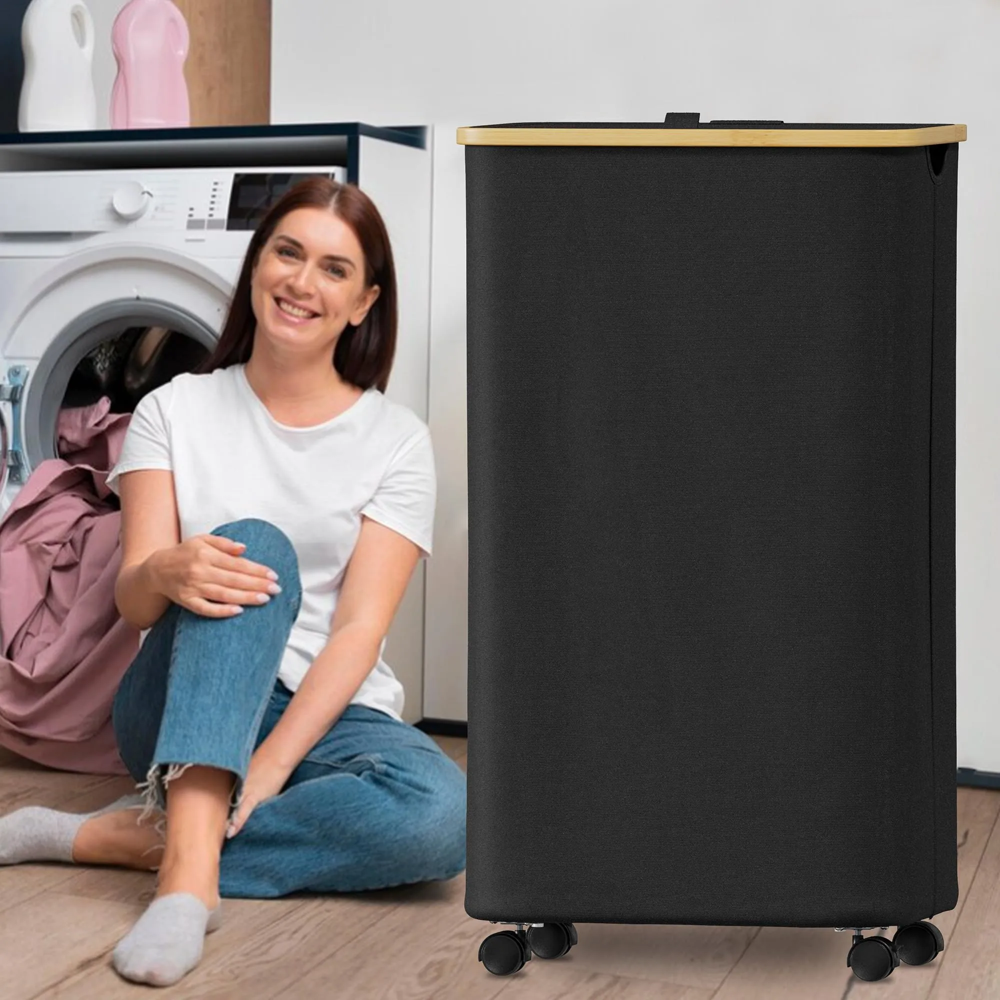 SUOCO Laundry Hamper with Wheels and Lid, 29 Gal (110L) Clothes Basket with Bamboo Handles, Large Foldable Laundry Hamper for Bedroom, Bathroom, Dorm, Laundry Room - Black