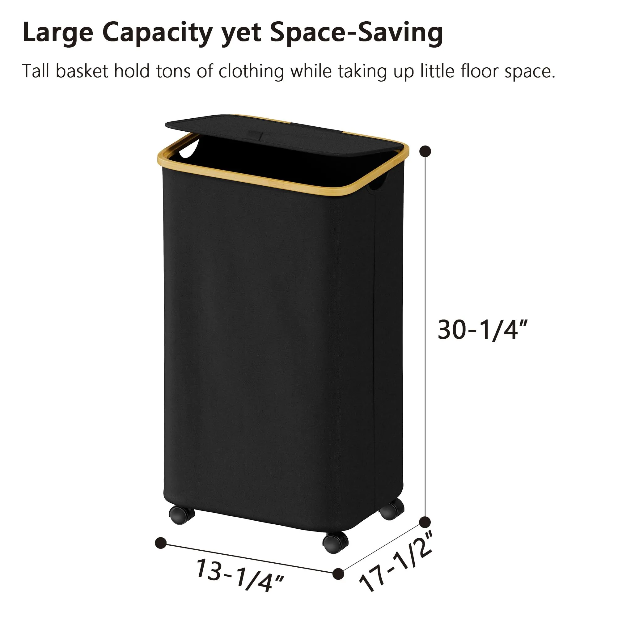 SUOCO Laundry Hamper with Wheels and Lid, 29 Gal (110L) Clothes Basket with Bamboo Handles, Large Foldable Laundry Hamper for Bedroom, Bathroom, Dorm, Laundry Room - Black