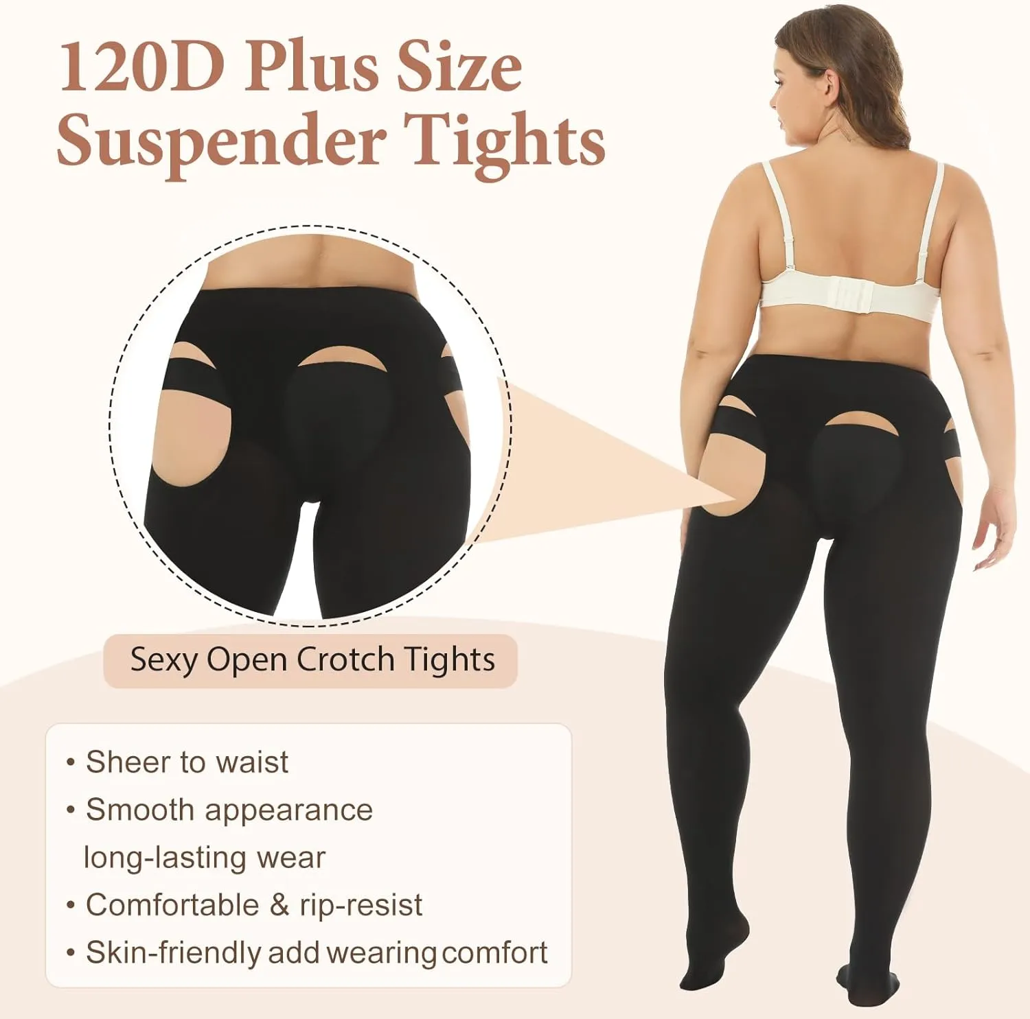 Suspender Tights for Women Plus Size, 120D Opaque Pantyhose Garter Belt Thigh High Stockings