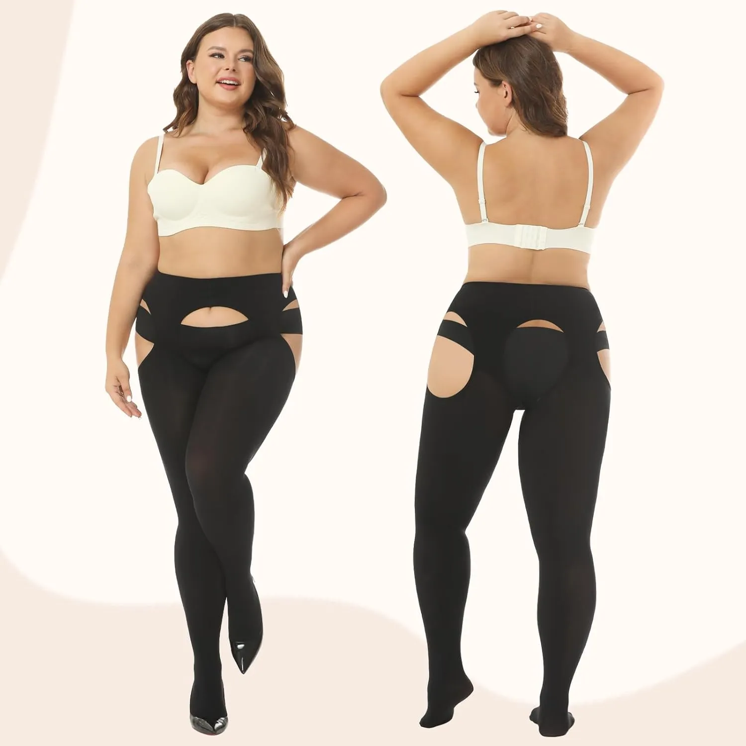 Suspender Tights for Women Plus Size, 120D Opaque Pantyhose Garter Belt Thigh High Stockings