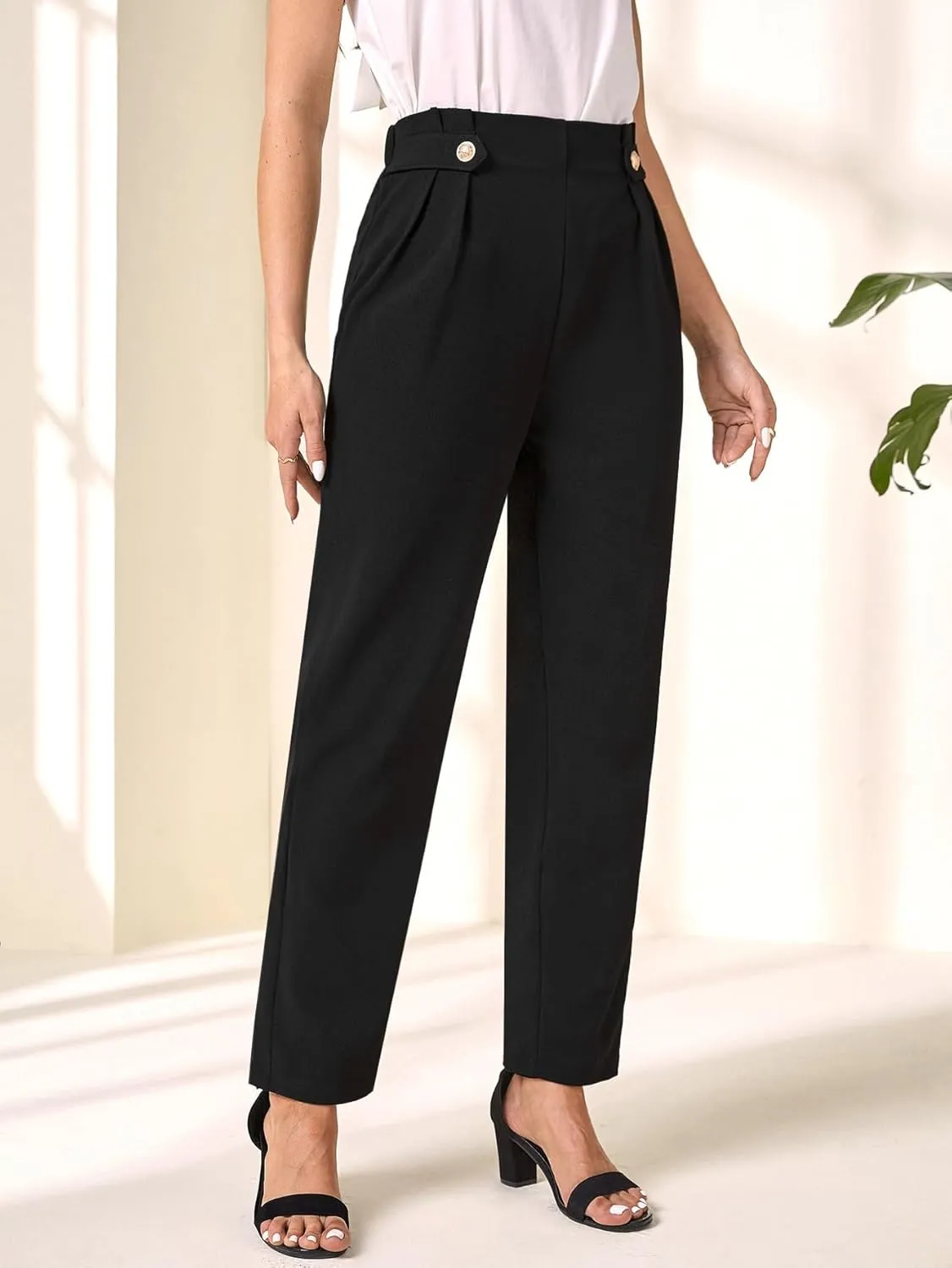 SweatyRocks Women's High Waist Button Pleated Cropped Pants Elegant Office Suit Pants Trousers with Pocket