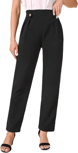 SweatyRocks Women's High Waist Button Pleated Cropped Pants Elegant Office Suit Pants Trousers with Pocket
