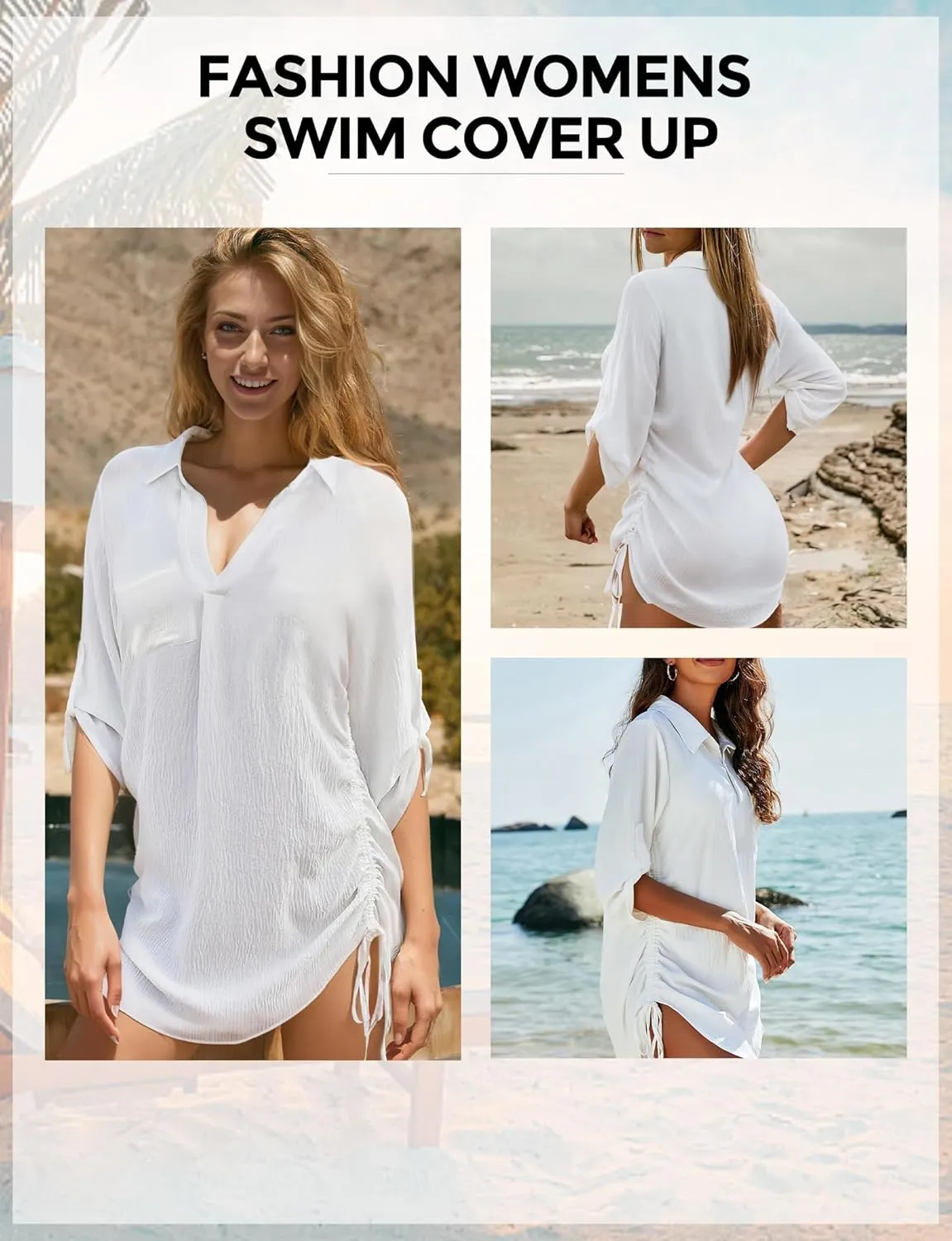 Swimsuit Coverup for Women, Drawstring Beach Bathing Suit Bikini Cover Up for Women, Sexy V Neck Beachwear Dress
