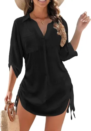 Swimsuit Coverup for Women, Drawstring Beach Bathing Suit Bikini Cover Up for Women, Sexy V Neck Beachwear Dress