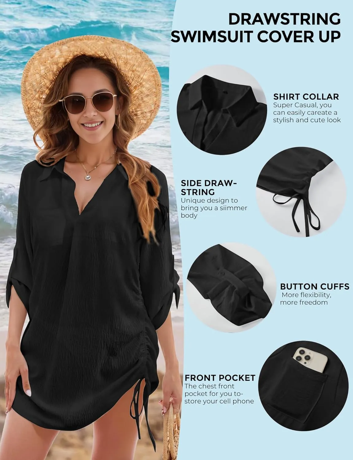 Swimsuit Coverup for Women, Drawstring Beach Bathing Suit Bikini Cover Up for Women, Sexy V Neck Beachwear Dress