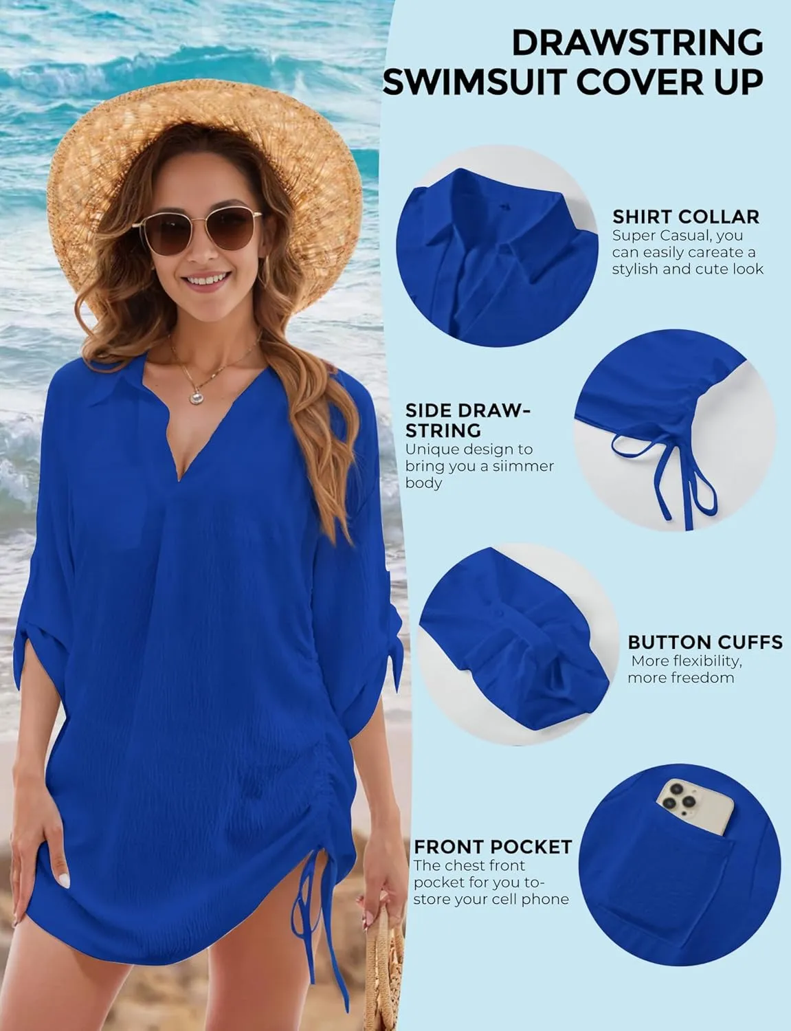 Swimsuit Coverup for Women, Drawstring Beach Bathing Suit Bikini Cover Up for Women, Sexy V Neck Beachwear Dress