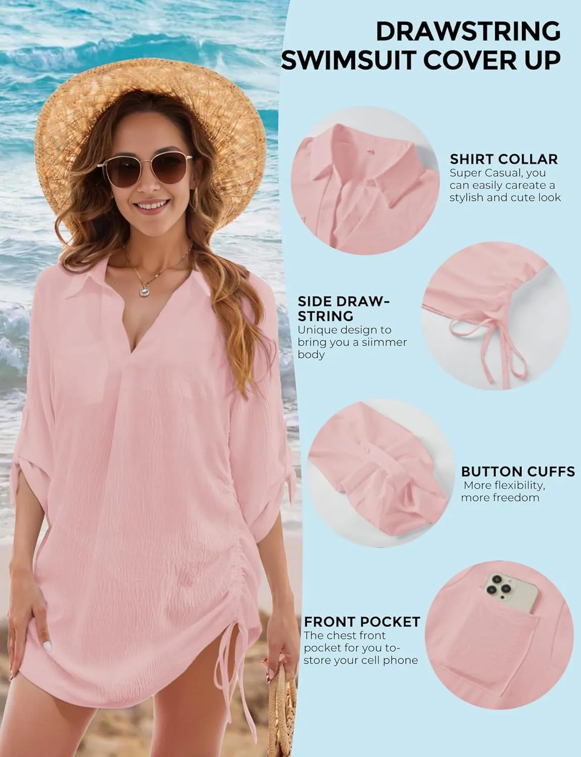 Swimsuit Coverup for Women, Drawstring Beach Bathing Suit Bikini Cover Up for Women, Sexy V Neck Beachwear Dress