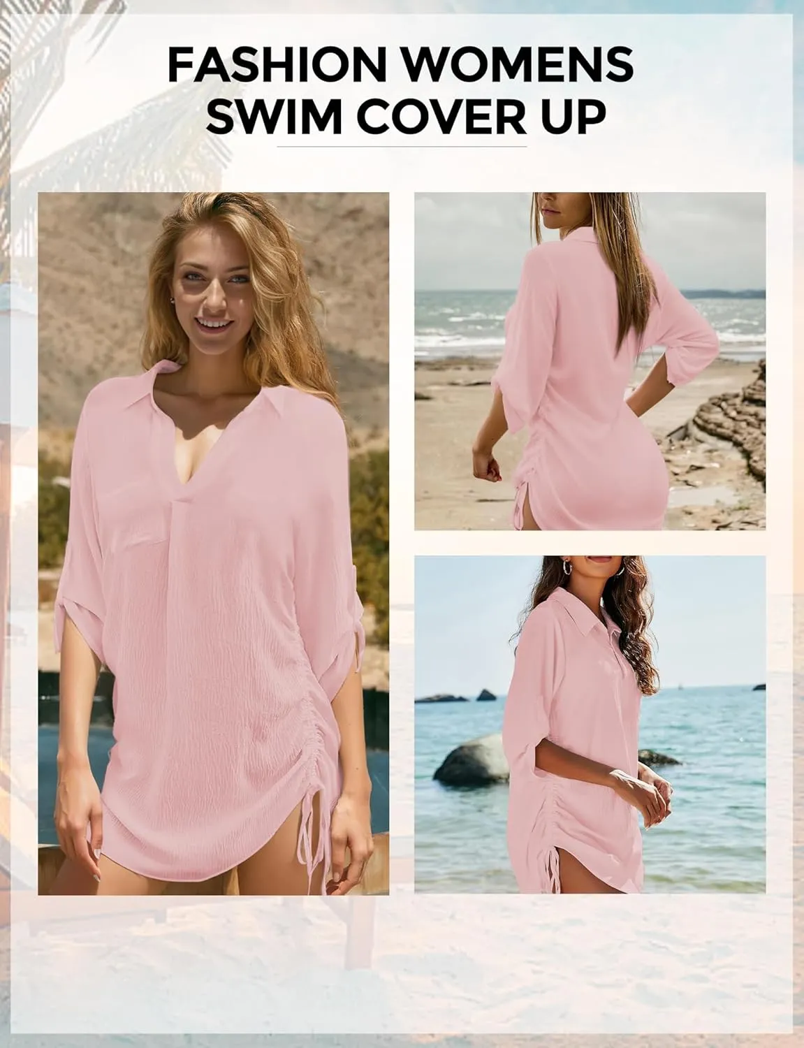 Swimsuit Coverup for Women, Drawstring Beach Bathing Suit Bikini Cover Up for Women, Sexy V Neck Beachwear Dress